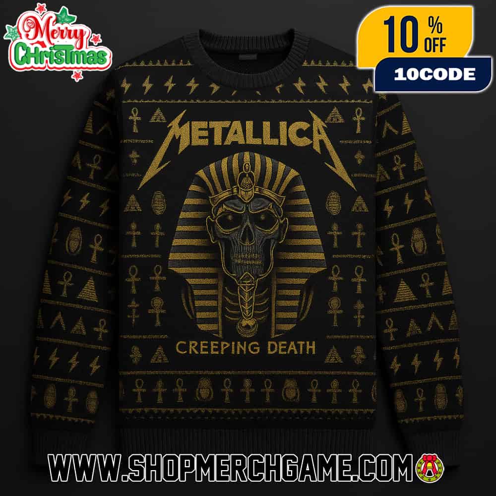 Metallica Creeping Death Ugly Sweater With Pharaoh Death Skull Design Black Gold Silver Knit Holiday Pullover Christmas Metal Band Apparel Unisex Metallica Creeping Death Ugly Sweater With Pharaoh Death Skull Design Black Gold Silver Knit Holiday Pullover Christmas Metal Band Apparel Unisex