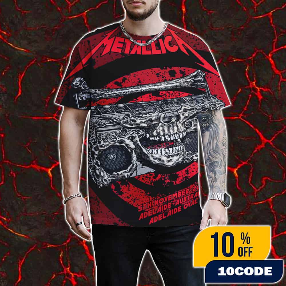 Metallica M72 Adelaide World Tour Event Poster Artwork By Glenno Smith On November 5th 2025 At Adelaide Oval Australia All Over Print Graphic Unisex T-Shirt Metallica M72 Adelaide World Tour Event Poster Artwork By Glenno Smith On November 5th 2025 At Adelaide Oval Australia All Over Print Graphic Unisex T-Shirt
