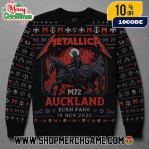 Metallica M72 Auckland Pop-Up Shop Exclusive Poster Artwork By Ken Taylor On November 19 2025 At Eden Park New Zealand World Tour Christmas Ugly Sweater Shirt