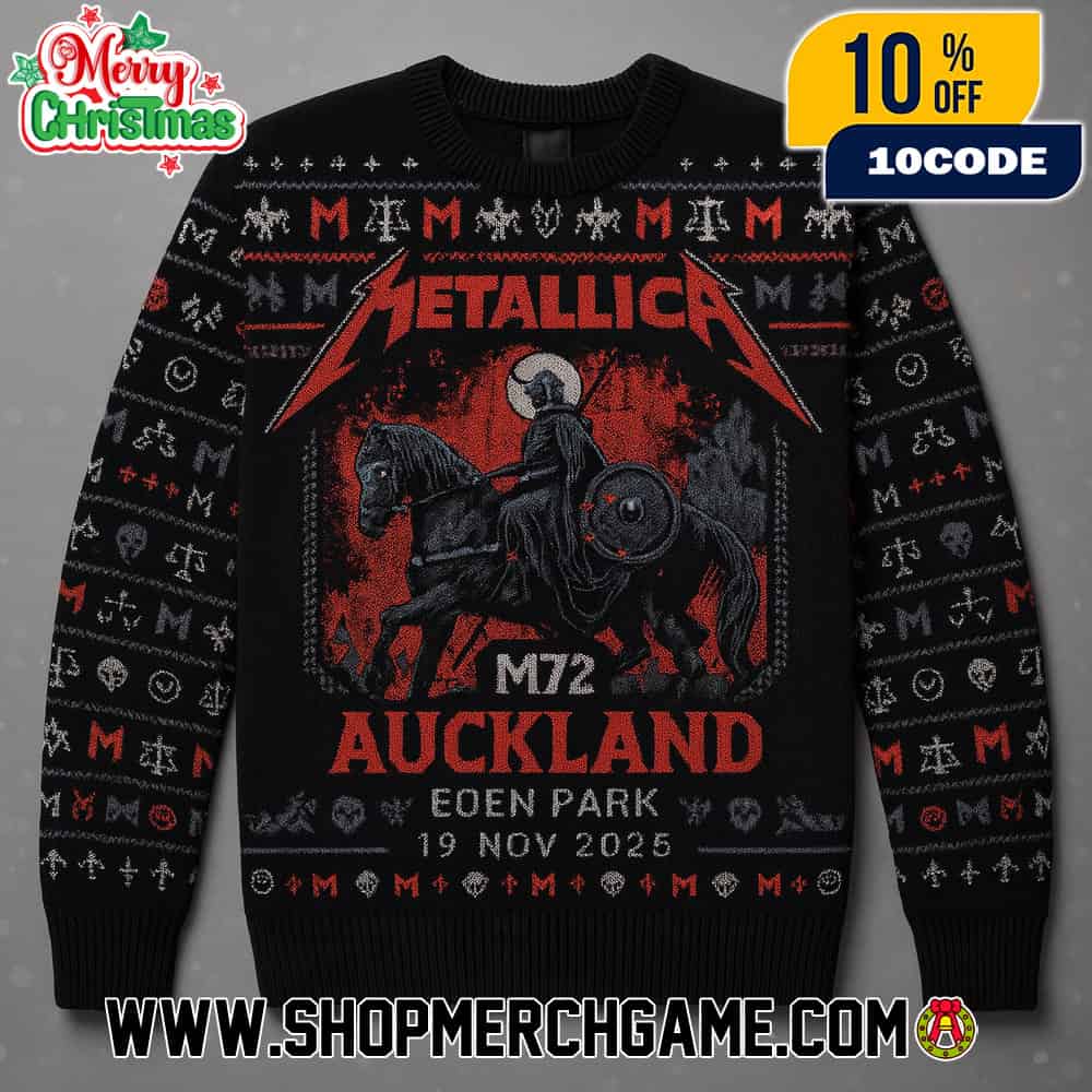Metallica M72 Auckland Pop-Up Shop Exclusive Poster Artwork By Ken Taylor On November 19 2025 At Eden Park New Zealand World Tour Christmas Ugly Sweater Shirt Metallica M72 Auckland Pop-Up Shop Exclusive Poster Artwork By Ken Taylor On November 19 2025 At Eden Park New Zealand World Tour Christmas Ugly Sweater Shirt