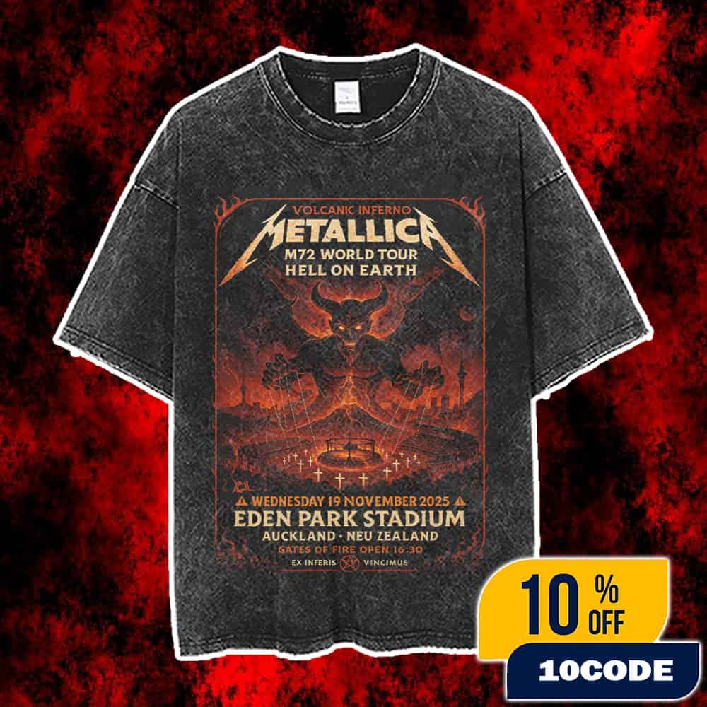 Metallica M72 Auckland World Tour On November 19 2025 At Eden Park New Zealand Poster Event Artwork Hell Fire Devil Volcanic Inferno Vintage Washed Unisex T-Shirt Metallica M72 Auckland World Tour On November 19 2025 At Eden Park New Zealand Poster Event Artwork Hell Fire Devil Volcanic Inferno Vintage Washed Unisex T-Shirt