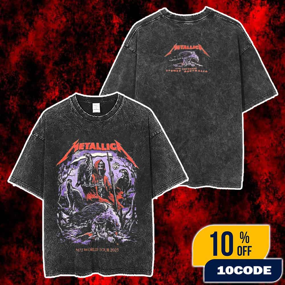 Metallica M72 Sydney World Tour Event Tee Artwork By Blair Sayer On November 15th 2025 At Accor Stadium Australia Merch Unisex Two Sided Washed T-Shirt Metallica M72 Sydney World Tour Event Tee Artwork By Blair Sayer On November 15th 2025 At Accor Stadium Australia Merch Unisex Two Sided Washed T-Shirt