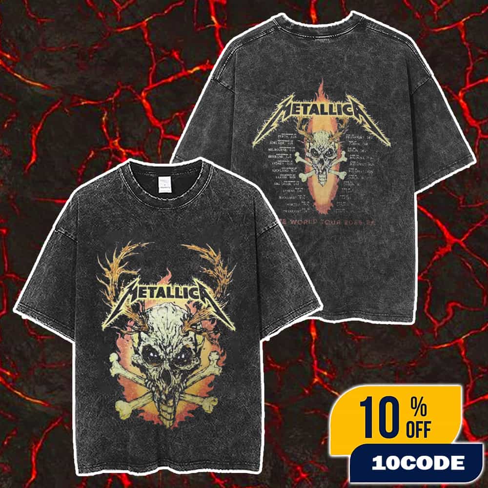 Metallica M72 World Tour 2025-2026 Tour Dates Backprint And Skull Artwork Merch Unisex Two Sided Washed T-Shirt Metallica M72 World Tour 2025-2026 Tour Dates Backprint And Skull Artwork Merch Unisex Two Sided Washed T-Shirt