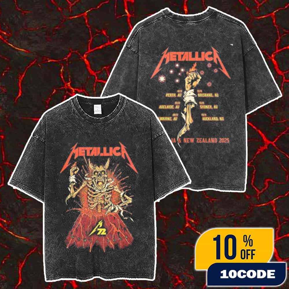 Metallica M72 World Tour Australia And New Zealand 2025 Artwork By Puis Calzada With Tour Dates Backprint Merch Unisex Two Sided Washed T-Shirt Metallica M72 World Tour Australia And New Zealand 2025 Artwork By Puis Calzada With Tour Dates Backprint Merch Unisex Two Sided Washed T-Shirt