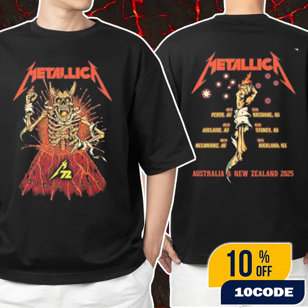 Metallica M72 World Tour Australia And New Zealand 2025 Artwork By Puis Calzada With Tour Dates Backprint Unisex T-Shirt Merchandise Metallica M72 World Tour Australia And New Zealand 2025 Artwork By Puis Calzada With Tour Dates Backprint Unisex T-Shirt Merchandise
