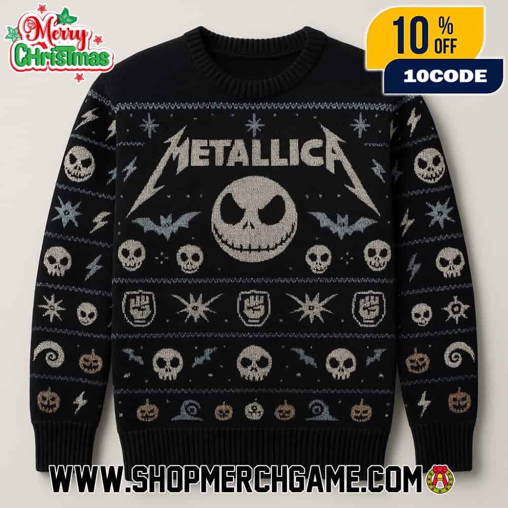 Metallica Nightmare Before Christmas Ugly Sweater Black Knit Crewneck Jack Skellington Holiday Gift For Band Fans Festive Metallica Nightmare Before Christmas Ugly Sweater Black Knit Crewneck Jack Skellington Holiday Gift For Band Fans Festive