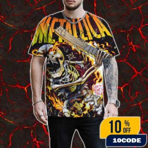 Metallica Skeleton Figure Playing Guitar Can’t Hear Ya Talk Load Album Poster Series Remastered By Andrew Cremeans On November 5 2025 At The Met Store UK All Over Print T-Shirt