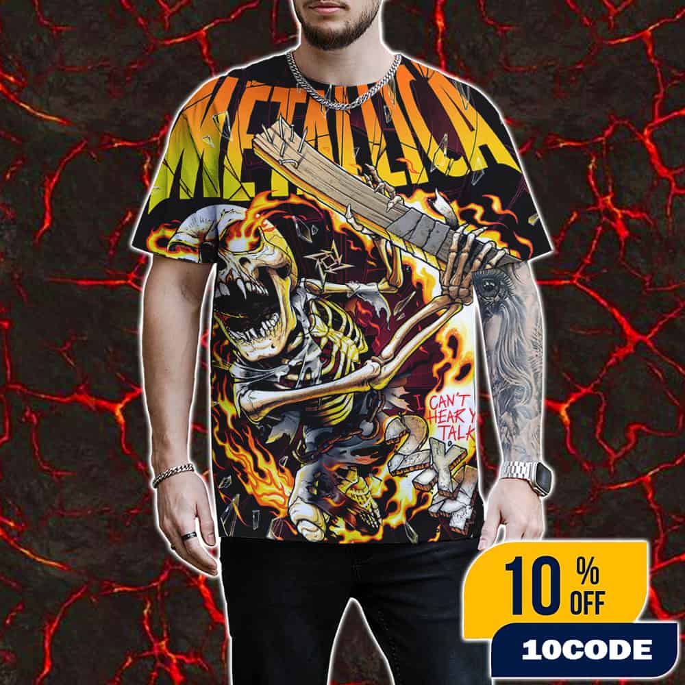Metallica Skeleton Figure Playing Guitar Can’t Hear Ya Talk Load Album Poster Series Remastered By Andrew Cremeans On November 5 2025 At The Met Store UK All Over Print T-Shirt Metallica Skeleton Figure Playing Guitar Can’t Hear Ya Talk Load Album Poster Series Remastered By Andrew Cremeans On November 5 2025 At The Met Store UK All Over Print T-Shirt
