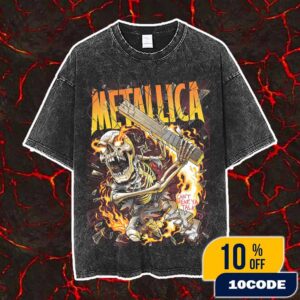 Metallica Skeleton Figure Playing Guitar Can’t Hear Ya Talk Load Album Poster Series Remastered By Andrew Cremeans On November 5 2025 At The Met Store UK Vintage Washed Unisex T-Shirt