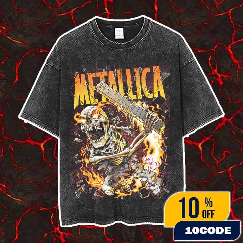 Metallica Skeleton Figure Playing Guitar Can’t Hear Ya Talk Load Album Poster Series Remastered By Andrew Cremeans On November 5 2025 At The Met Store UK Vintage Washed Unisex T-Shirt Metallica Skeleton Figure Playing Guitar Can’t Hear Ya Talk Load Album Poster Series Remastered By Andrew Cremeans On November 5 2025 At The Met Store UK Vintage Washed Unisex T-Shirt