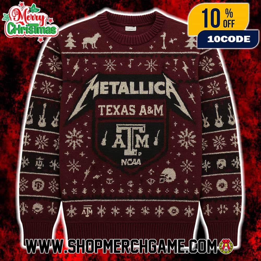 Metallica Texas A&M Aggies Ugly Christmas Sweater Maroon Cream Knitted Crew Neck Fair Isle NCAA Holiday Band Pullover Merch Metallica Texas A&M Aggies Ugly Christmas Sweater Maroon Cream Knitted Crew Neck Fair Isle NCAA Holiday Band Pullover Merch