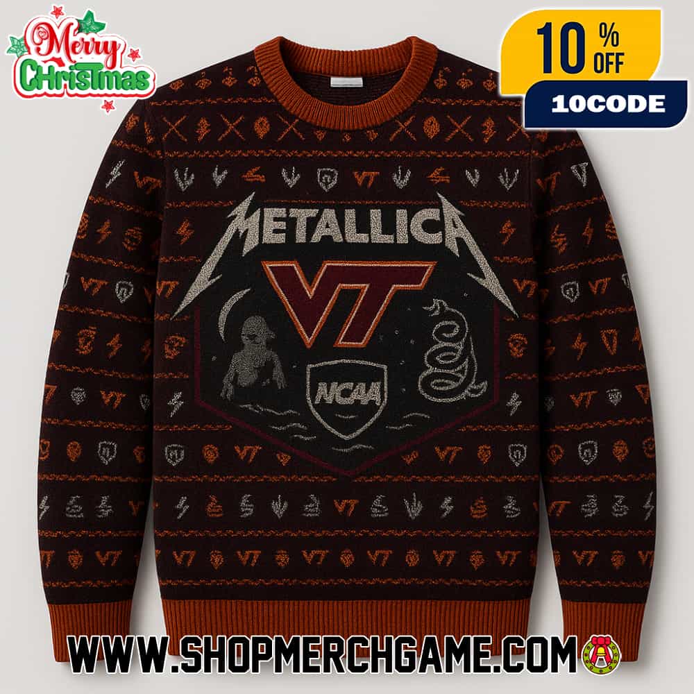Metallica Virginia Tech VT Ugly Sweater Knitted Burgundy Black Christmas NCAA Holiday Pullover Unisex Woven Graphic Sweater Metallica Virginia Tech VT Ugly Sweater Knitted Burgundy Black Christmas NCAA Holiday Pullover Unisex Woven Graphic Sweater