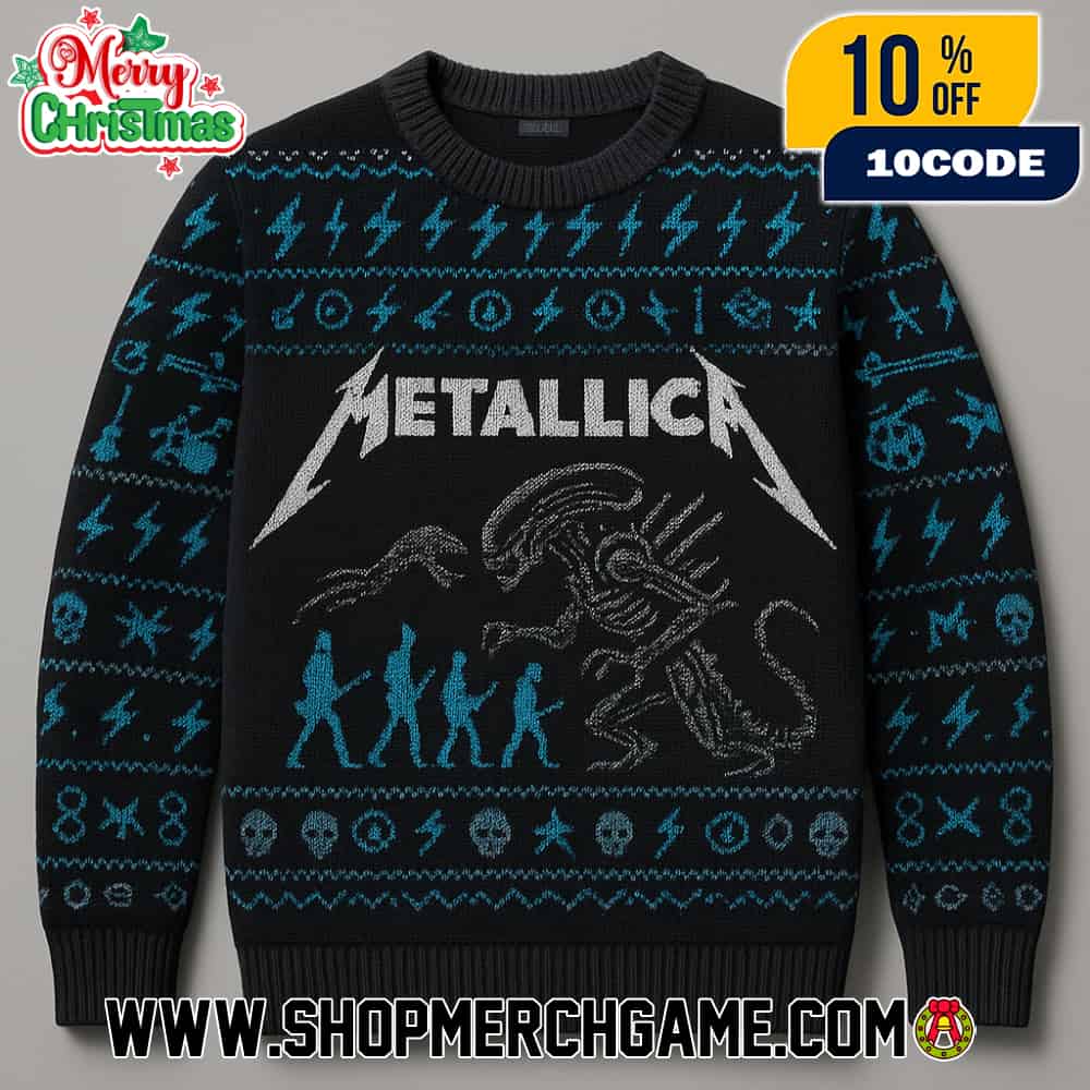 Metallica vs Xenomorph Alien Ugly Christmas Sweater Heavy Metal Rock Band Knitted Holiday Pullover With Lightning Skulls Fair Isle Pattern Winter Party Metallica vs Xenomorph Alien Ugly Christmas Sweater Heavy Metal Rock Band Knitted Holiday Pullover With Lightning Skulls Fair Isle Pattern Winter Party