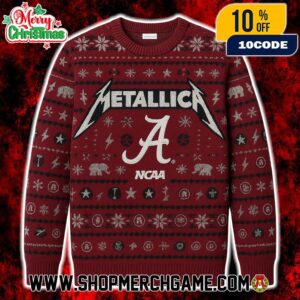 Metallica x Alabama Crimson Tide Ugly Christmas Sweater Crimson Knitted Crew Neck Fair Isle NCAA Holiday Band Pullover Merch