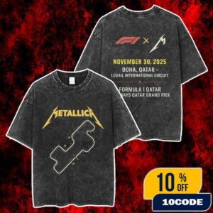 Metallica x Formula 1 Qatar Grand Prix On November 30 2025 At Lusail International Circuit Racing Event Doha Merchandise Track Map Outline Artwork Unisex Two Sided Washed T-Shirt