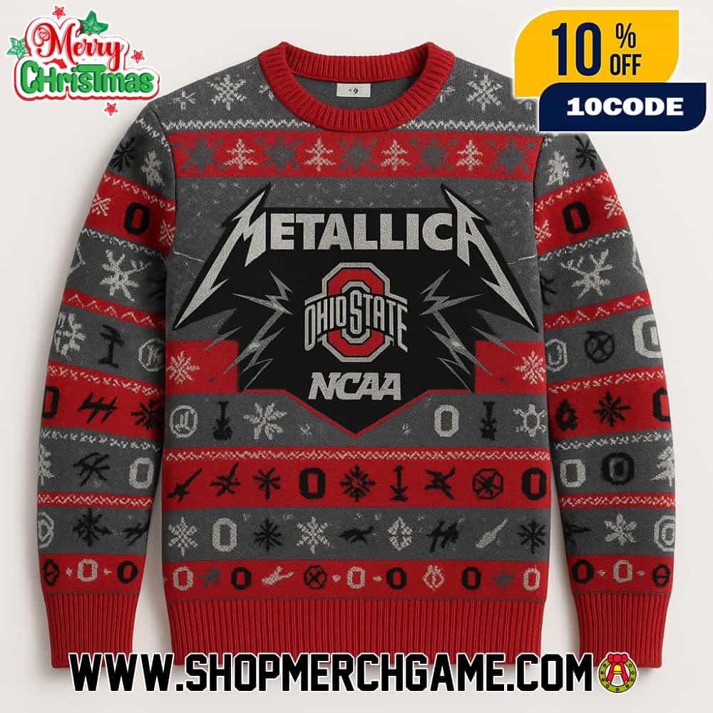Metallica x Ohio State Buckeyes Ugly Christmas Sweater Red Gray Knitted Crew Neck Fair Isle NCAA Holiday Pullover Band Merch Metallica x Ohio State Buckeyes Ugly Christmas Sweater Red Gray Knitted Crew Neck Fair Isle NCAA Holiday Pullover Band Merch