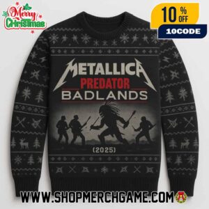 Metallica x Predator Badlands 2025 Ugly Christmas Sweater Heavy Metal Knitted Holiday Pullover With Band Silhouettes Fair Isle Snowflakes Pattern Winter Party Unisex