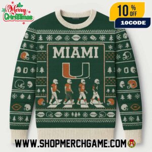 Miami Hurricanes NCAA Abbey Road Football Players Crossing Ugly Christmas Sweater With U Logo Orange Green Fair Isle Knitted Holiday Pullover