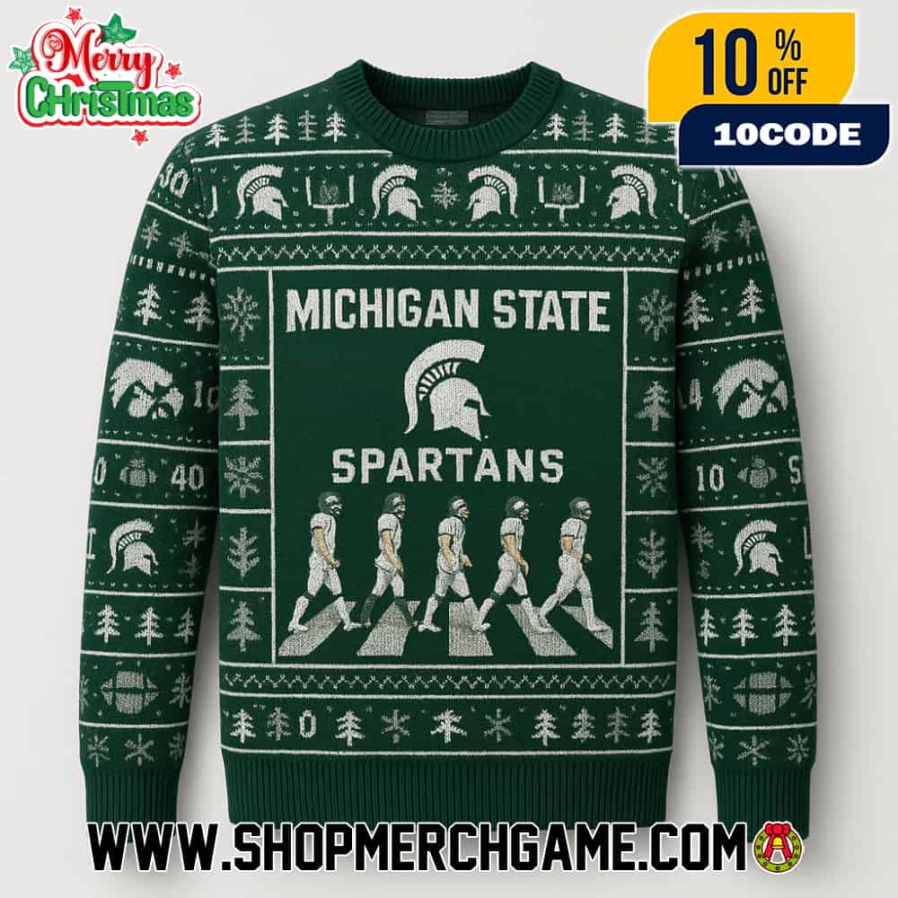 Michigan State Spartans NCAA Ugly Christmas Sweater With Abbey Road Football Players Crossing Green White Fair Isle Knitted Holiday Pullover Michigan State Spartans NCAA Ugly Christmas Sweater With Abbey Road Football Players Crossing Green White Fair Isle Knitted Holiday Pullover