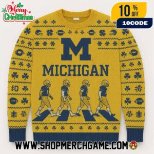 Michigan Wolverines NCAA Abbey Road Football Players Crossing Design Ugly Christmas Sweater With Block M Logo Maize Navy Fair Isle Knitted Holiday Pullover