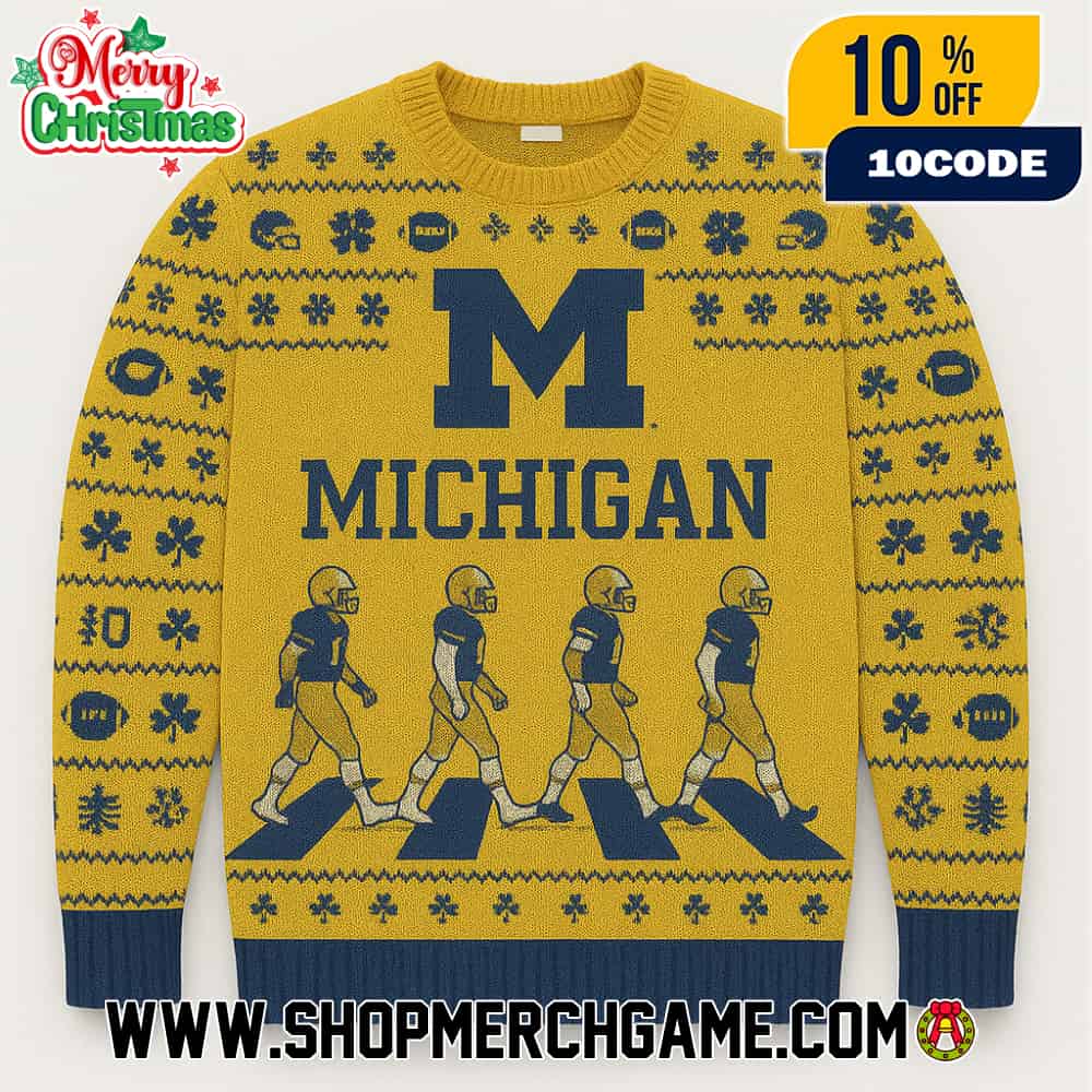 Michigan Wolverines NCAA Abbey Road Football Players Crossing Design Ugly Christmas Sweater With Block M Logo Maize Navy Fair Isle Knitted Holiday Pullover Michigan Wolverines NCAA Abbey Road Football Players Crossing Design Ugly Christmas Sweater With Block M Logo Maize Navy Fair Isle Knitted Holiday Pullover