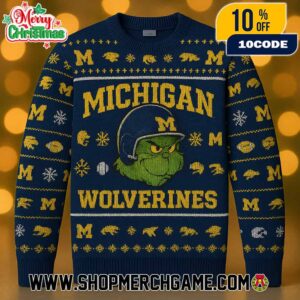 Michigan Wolverines x Grinch NCAA Football Ugly Christmas Sweater Navy Blue Maize Knit Pullover With Helmet Block M Snowflakes Fair Isle Pattern College Sports Holiday Winter Jumper