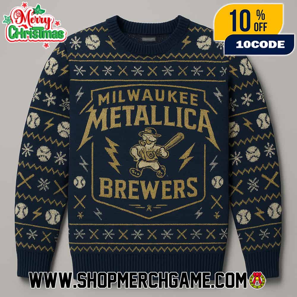 Milwaukee Brewers MLB x Metallica Ugly Sweater With Baseball Mascot Knit Design Heavy Metal Holiday Pullover Christmas Knitwear Sports Music Mashup Milwaukee Brewers MLB x Metallica Ugly Sweater With Baseball Mascot Knit Design Heavy Metal Holiday Pullover Christmas Knitwear Sports Music Mashup