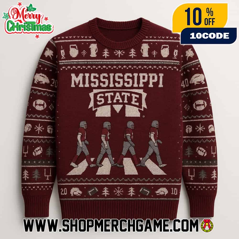 Mississippi State Bulldogs NCAA Abbey Road Parody Holiday Knitted Sweater With Football Helmets Maroon And White Ugly Christmas Sweater For SEC Fans Mississippi State Bulldogs NCAA Abbey Road Parody Holiday Knitted Sweater With Football Helmets Maroon And White Ugly Christmas Sweater For SEC Fans