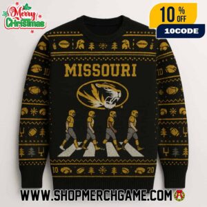 Missouri Tigers NCAA Abbey Road Parody Holiday Knitted Sweater With Tiger Logo Black And Gold Ugly Christmas Sweater For SEC Football Fans