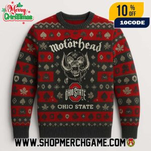 Motorhead x Ohio State Buckeyes NCAA Ugly Sweater Red Black Knit Holiday Pullover Christmas Graphic Apparel Metal Band Unisex