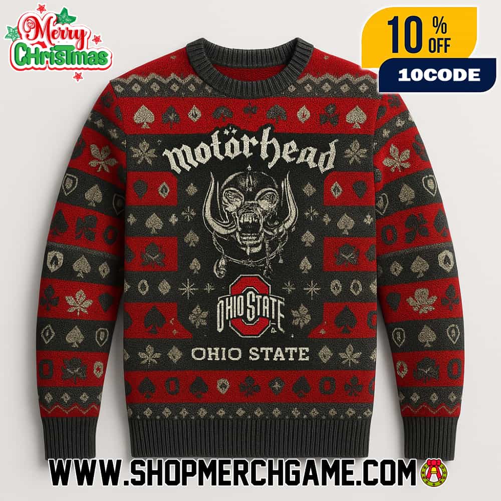 Motorhead x Ohio State Buckeyes NCAA Ugly Sweater Red Black Knit Holiday Pullover Christmas Graphic Apparel Metal Band Unisex Motorhead x Ohio State Buckeyes NCAA Ugly Sweater Red Black Knit Holiday Pullover Christmas Graphic Apparel Metal Band Unisex