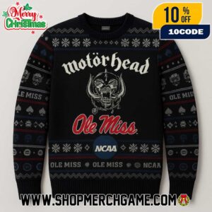 Motorhead x Ole Miss Rebels NCAA Ugly Sweater Black Navy Red Knit Holiday Pullover Christmas Graphic Apparel Metal Band Unisex