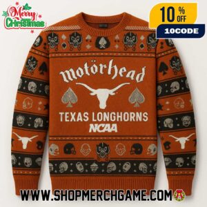 Motorhead x Texas Longhorns NCAA Ugly Sweater Burnt Orange Black Knit Holiday Pullover Christmas Graphic Apparel Metal Band Unisex