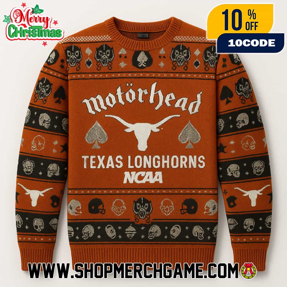 Motorhead x Texas Longhorns NCAA Ugly Sweater Burnt Orange Black Knit Holiday Pullover Christmas Graphic Apparel Metal Band Unisex Motorhead x Texas Longhorns NCAA Ugly Sweater Burnt Orange Black Knit Holiday Pullover Christmas Graphic Apparel Metal Band Unisex