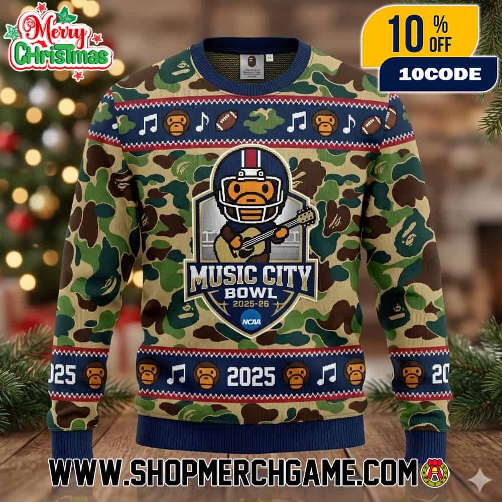 Music City Bowl 2025 x Bape NCAA College Football Ugly Christmas Sweater Camo Pattern Festive Fan Apparel Music City Bowl 2025 x Bape NCAA College Football Ugly Christmas Sweater Camo Pattern Festive Fan Apparel