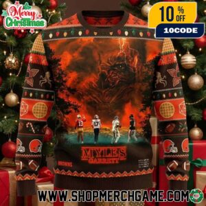 Myles Garrett Cleveland Browns Ugly Christmas Sweater Stranger Things Season 5 2025 Demogorgon Knitted Holiday Jumper NFL Football Dungeons Dragons Fair Isle Pullover
