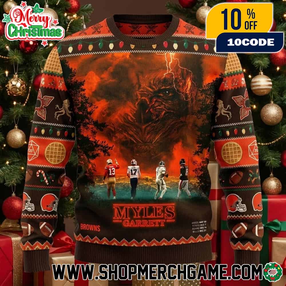 Myles Garrett Cleveland Browns Ugly Christmas Sweater Stranger Things Season 5 2025 Demogorgon Knitted Holiday Jumper NFL Football Dungeons Dragons Fair Isle Pullover Myles Garrett Cleveland Browns Ugly Christmas Sweater Stranger Things Season 5 2025 Demogorgon Knitted Holiday Jumper NFL Football Dungeons Dragons Fair Isle Pullover