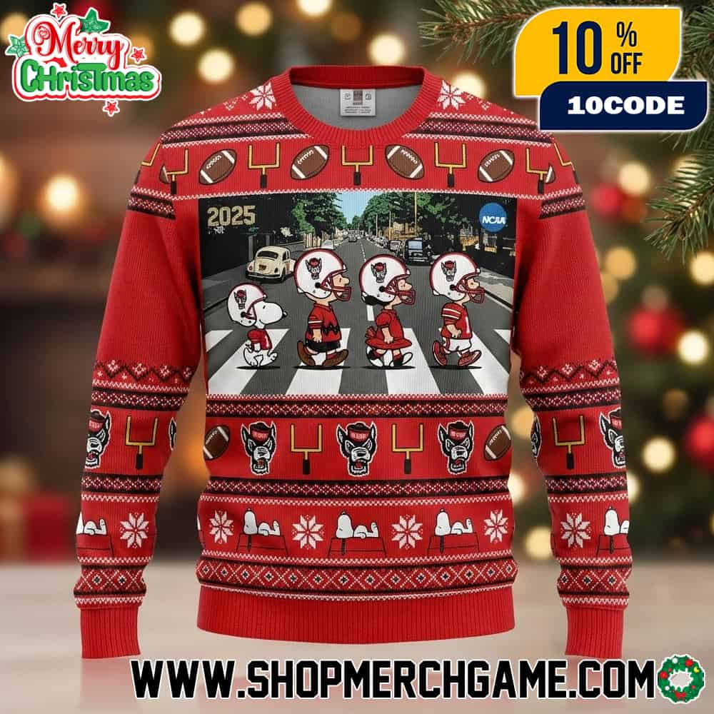 NC State Wolfpack Football 2025 Ugly Christmas Sweater Red Knit Holiday Pullover With Snoopy Abbey Road Parody Road Crossing Graphic NC State Wolfpack Football 2025 Ugly Christmas Sweater Red Knit Holiday Pullover With Snoopy Abbey Road Parody Road Crossing Graphic