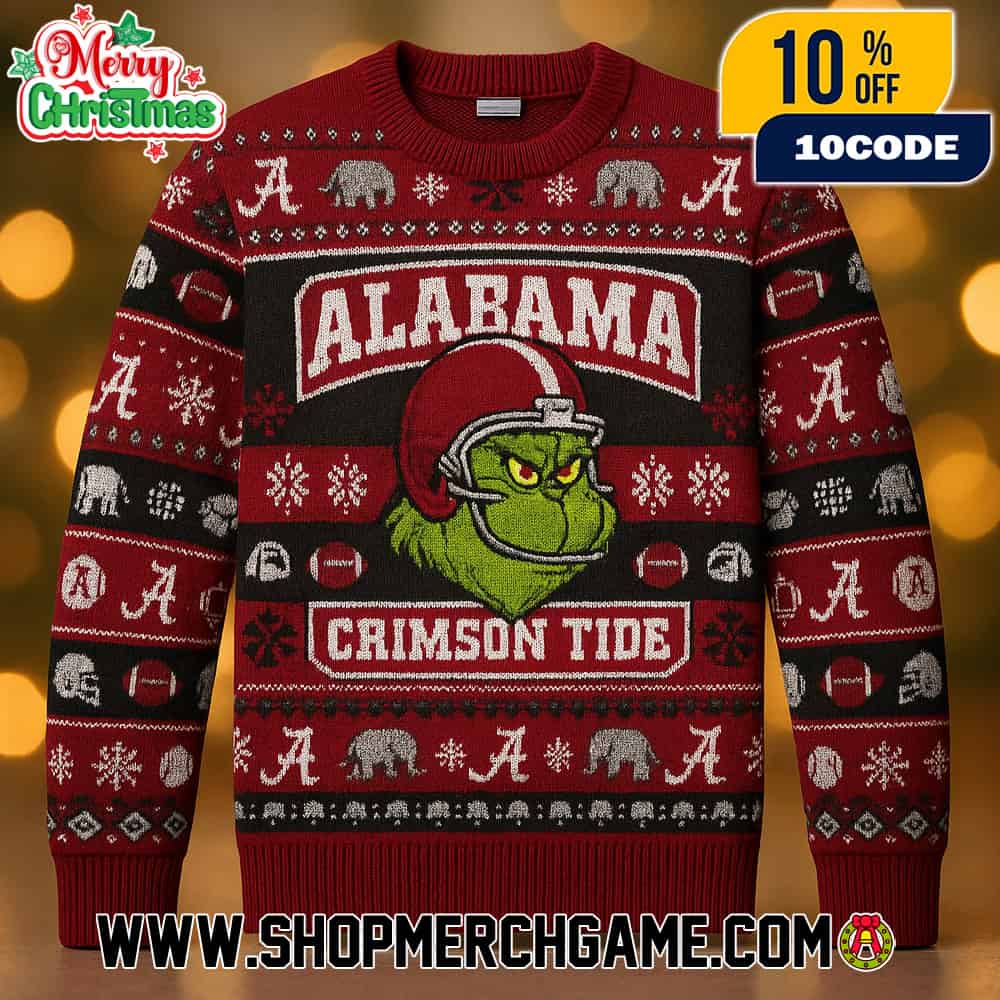 NCAA Alabama Crimson Tide x Grinch Ugly Christmas Sweater Red Black Knit Pullover With Football Helmet Elephants Snowflakes Fair Isle Pattern College Sports Holiday Winter Jumper NCAA Alabama Crimson Tide x Grinch Ugly Christmas Sweater Red Black Knit Pullover With Football Helmet Elephants Snowflakes Fair Isle Pattern College Sports Holiday Winter Jumper
