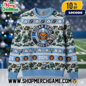 NCAA Sugar Bowl 2025-26 Ugly Christmas Sweater Knitted Pullover With Camouflage Bear Mascot And Football Trophy Design For College Football Playoff Quarterfinal Fans Holiday Gift
