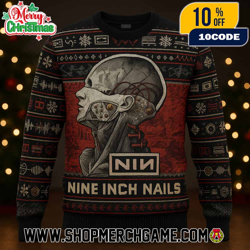 NIN Industrial Rock Anatomical Skull Knit Christmas Sweater Nine Inch Nails Logo Design Ugly Holiday Pullover Black With Red Background Festive Patterns Snowflakes Xmas Jumper Unisex Gift NIN Industrial Rock Anatomical Skull Knit Christmas Sweater Nine Inch Nails Logo Design Ugly Holiday Pullover Black With Red Background Festive Patterns Snowflakes Xmas Jumper Unisex Gift