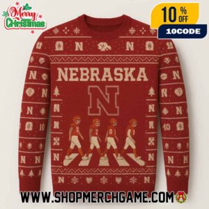 Nebraska Cornhuskers NCAA Ugly Christmas Sweater With Abbey Road Football Players Crossing Red Cream Fair Isle Knitted Holiday Pullover