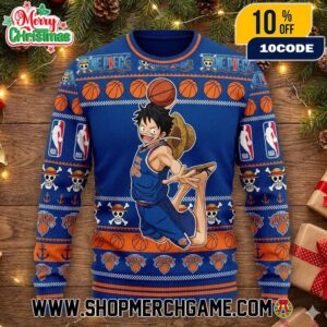 New York Knicks x One Piece Monkey D Luffy Ugly Christmas Sweater NBA Official Holiday Knitted Pullover Festive Blue Orange White Straw Hat Pirate Jolly Roger Skull Anchor Basketball