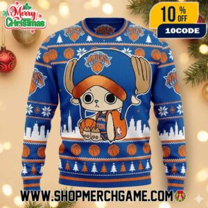 New York Knicks x One Piece Tony Tony Chopper Ugly Christmas Sweater NBA Official Holiday Knitted Pullover Festive Blue Orange White NYC Skyline Basketball Pattern Anime Crossover Xmas