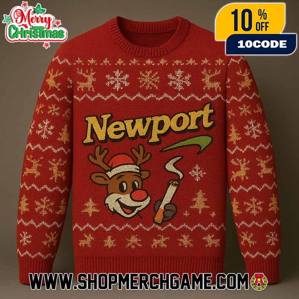 Newport Rudolph Reindeer With Red Nose Cigarette Ugly Christmas Sweater Red Fair Isle Snowflake Pattern Holiday Knit Pullover Newport Rudolph Reindeer With Red Nose Cigarette Ugly Christmas Sweater Red Fair Isle Snowflake Pattern Holiday Knit Pullover