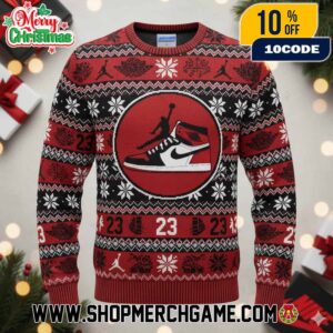 Nike Air Jordan 1 Chicago Red Black White Ugly Christmas Sweater Number 23 Jumpman Silhouette Snowflake Knit Pattern Holiday Pullover Festive Basketball Xmas Party Gift Winter Crewneck