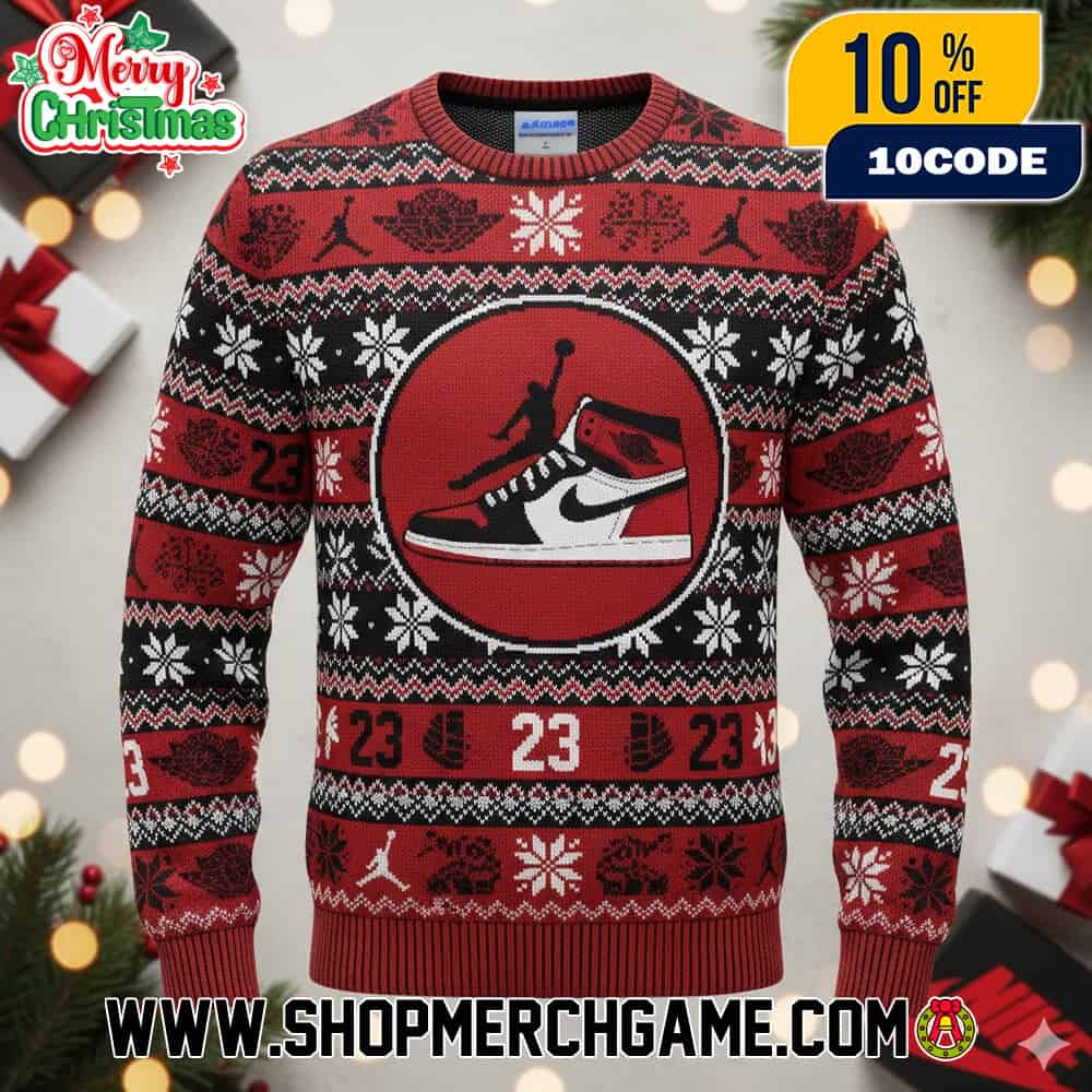 Nike Air Jordan 1 Chicago Red Black White Ugly Christmas Sweater Number 23 Jumpman Silhouette Snowflake Knit Pattern Holiday Pullover Festive Basketball Xmas Party Gift Winter Crewneck Nike Air Jordan 1 Chicago Red Black White Ugly Christmas Sweater Number 23 Jumpman Silhouette Snowflake Knit Pattern Holiday Pullover Festive Basketball Xmas Party Gift Winter Crewneck