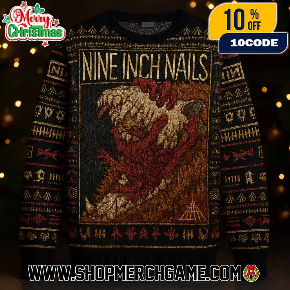 Nine Inch Nails Ugly Christmas Sweater Black Knitted Pullover With NIN Logo And Industrial Rock Band Design Featuring Gold Festive Holiday Patterns Snowflakes Trees Unisex Nine Inch Nails Ugly Christmas Sweater Black Knitted Pullover With NIN Logo And Industrial Rock Band Design Featuring Gold Festive Holiday Patterns Snowflakes Trees Unisex