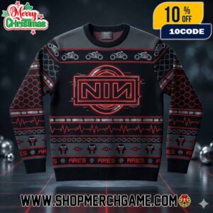 Nine Inch Nails x Tron Ares 2025 Ugly Christmas Sweater Black Red Knit Pullover With Motorcycles Lightcycles Honeycomb Pattern NIN Logo Industrial Rock Holiday Festive Winter Jumper