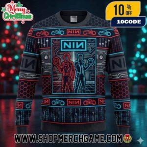 Nine Inch Nails x Tron Ares Ugly Christmas Sweater Black Red Cyan Knit Pullover With Lightcycles Binary Code Honeycomb Pattern Digital Grid Design Holiday Festive Winter Jumper